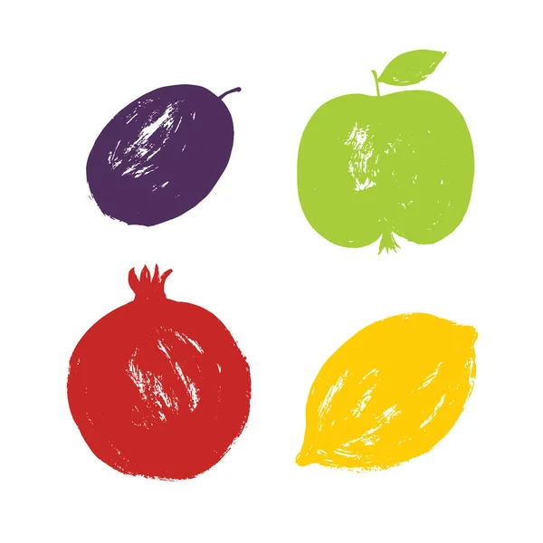 Cepillo simple sello dibujado a mano frutas texturizadas conjunto. Comida, limón, granada, manzana, ciruela — Vector de stock