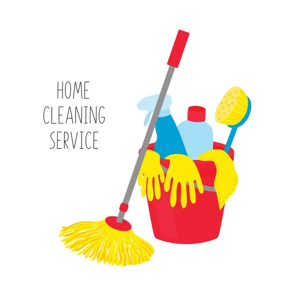 Cleaning service. House cleaning tools in bucket on white background. — Stock Vector