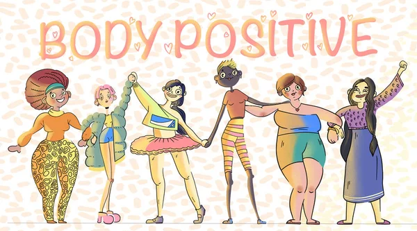 Body positive. Cute, cartoon illustration with women different body, nationalities and cultures. — Stock Photo, Image