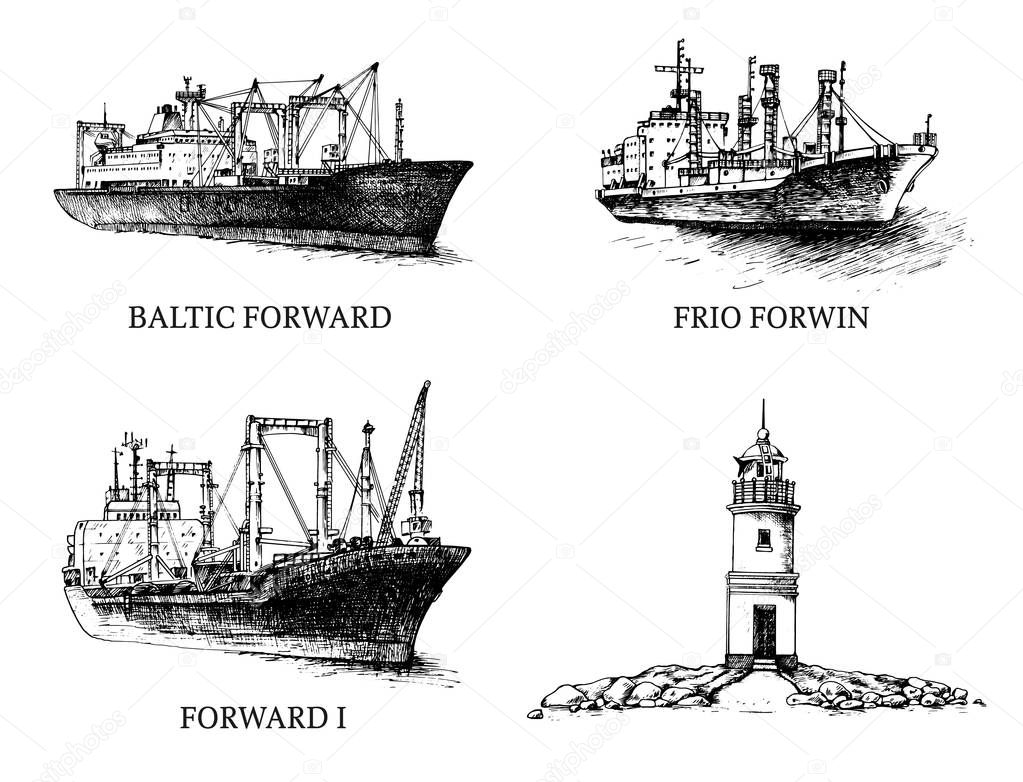 Set cargo ship, reefers, lighthouse