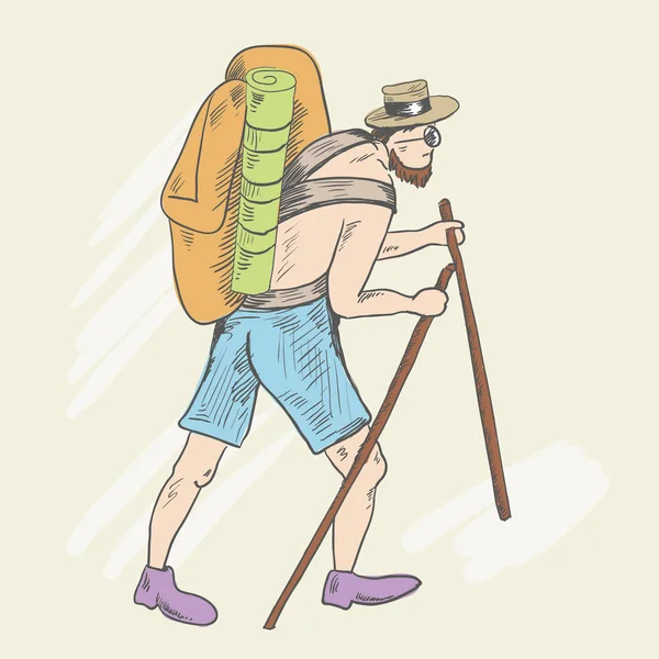 Ein Mann mit nacktem Oberkörper, kurzer Hose und schwerem Rucksack steigt den Hügel hinauf. — Stockvektor