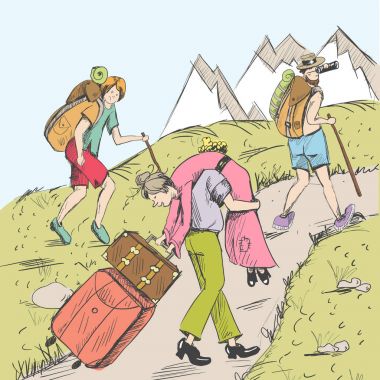 Comic strip. Tired travelers climb a mountain. clipart