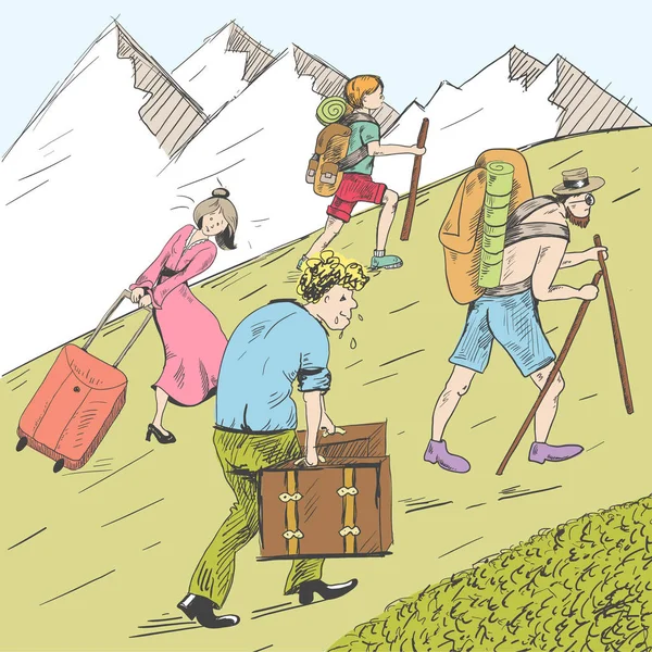 Tira cómica. Viajantes cansados escalam uma montanha. Turistas seguem o guia . —  Vetores de Stock