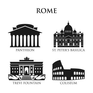 İtalya sembolleri, siyah ve beyaz simge yapılar kümesi. Vektör çizim. Roma, İtalya.