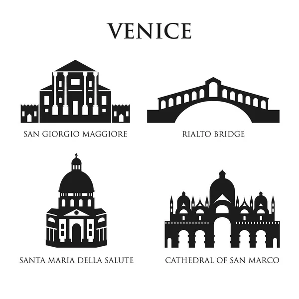 Sada symbolů Itálie, Památky v černé a bílé. Vektorové ilustrace. Benátky, Itálie. — Stockový vektor