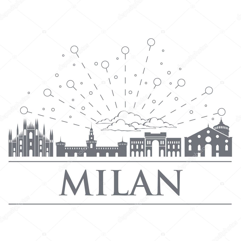 Panorama of the badges, icons, symbols of Italy. Objects are noble gray color. City of Milan.