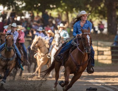 Junior rodeo biniciler Scott Vadisi zevk Park Rodeo etkinliklerde Etna, Kaliforniya'da açın. 29 Temmuz 2017