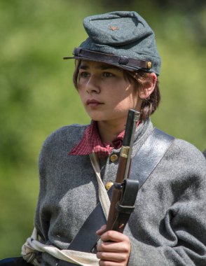 Amerikan İç Savaşı reenactor kırmızı blöf, Kaliforniya'da köpek Adası Event'de. 29 Nisan 2018