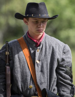 Amerikan İç Savaşı reenactor kırmızı blöf, Kaliforniya'da köpek Adası Event'de. 29 Nisan 2018