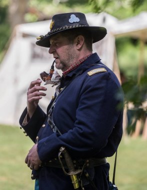 Amerikan İç Savaşı reenactor kırmızı blöf, Kaliforniya'da köpek Adası Event'de. 29 Nisan 2018