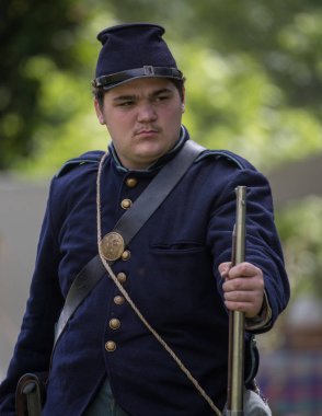 Amerikan İç Savaşı reenactor kırmızı blöf, Kaliforniya'da köpek Adası Event'de. 29 Nisan 2018