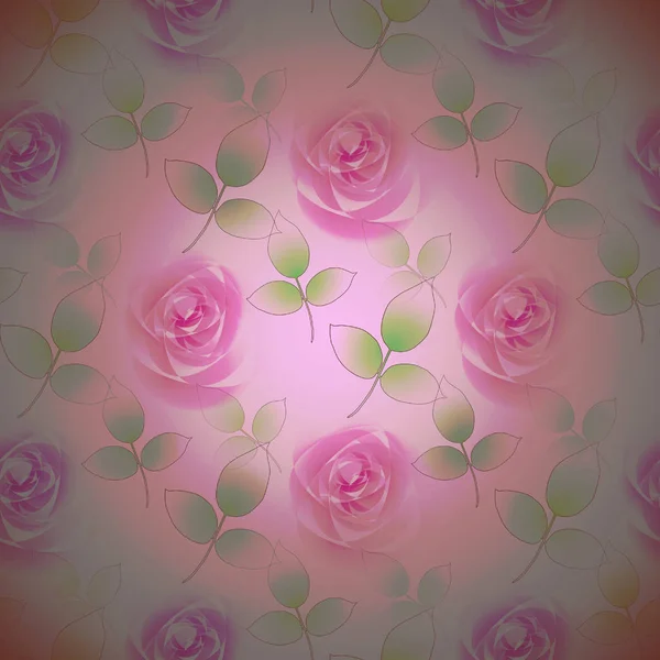 Бесшовные абстрактные бутоны роз розовый фиолетовый с зелеными листьями в центре — стоковое фото