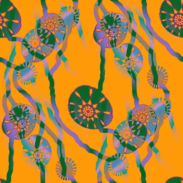 Sömlös abstrakt blommönster och vågiga linjer orange grön blå lila — Stockfoto