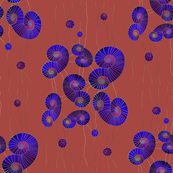 Бесшовная спираль и круги рисунок красный фиолетовый фиолетовый серебристо-серый терракотовый коричневый — стоковое фото
