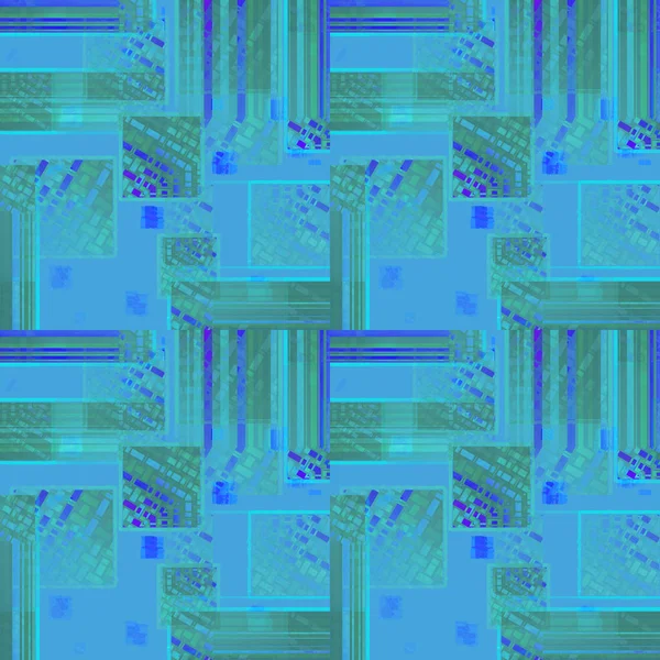 Bezszwowe kwadraty, prostokąty i paski wzór niebieski zielony fioletowy, niewyraźne — Zdjęcie stockowe
