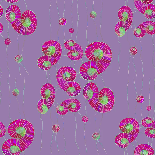 Bezszwowe spirale i okręgi wzór czerwony fioletowy jasnozielone z faliste linie na liliowy — Zdjęcie stockowe