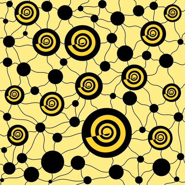 Spirales et cercles jaune et noir sur jaune pastel avec des lignes ondulées — Photo
