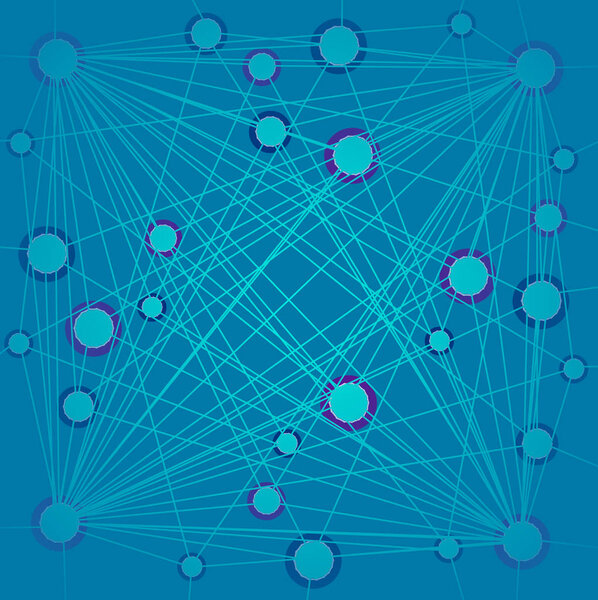 Замысловатый концентрический рисунок кругов, связанных с линиями бирюзово-голубого фиолетового цвета
