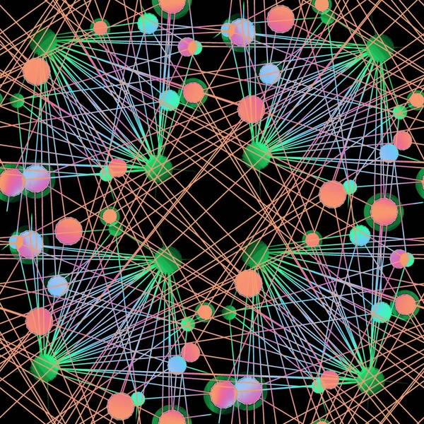 Ingewikkelde cirkels patroon verbonden met lijnen veelkleurige op zwart — Stockfoto