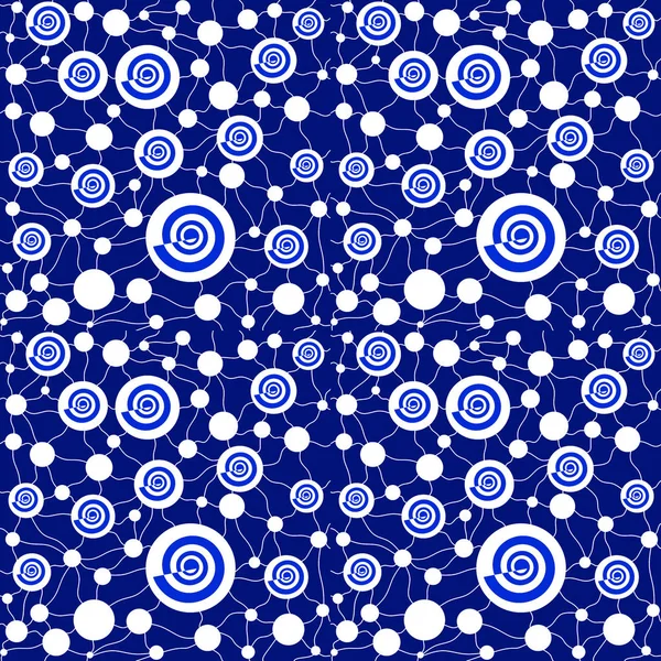 Patrón de espirales y círculos sin costura blanco azul oscuro conectado con líneas blancas —  Fotos de Stock