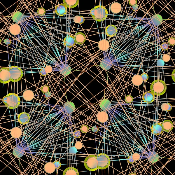 Modèle de cercles complexes reliés par des lignes orange bleu clair violet vert lime sur noir — Photo