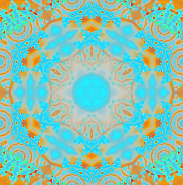 Regularne okrągły ornament skomplikowane turkus niebieski, pomarańczowy, różowy i ochra — Zdjęcie stockowe
