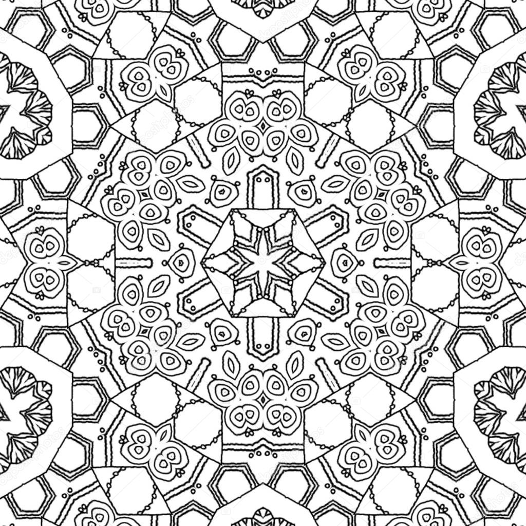 Abstract coloring page, drawing. Monochrome mandala with round ornament with centered star and oval elements, ornate and dreamy.