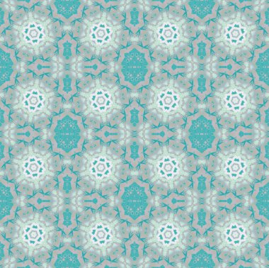 Soyut geometrik sorunsuz arka plan. Düzenli yıldız süs turkuaz yeşil, gri ve beyaz, süslü ve rüya gibi.