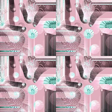 Soyut geometrik fantezi arka plan. Pembe, koyu kahverengi soluk yeşil, nane ve beyaz, süslü ve rüya gibi düzenli karmaşık spiraller desen.