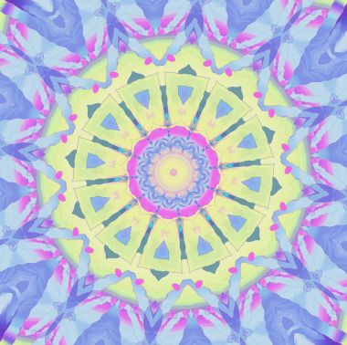 Soyut geometrik ortalanmış arka plan. Düzenli süsleme pastel mavi, mor, sarı ve mor, süslü ve rüya gibi yuvarlak.