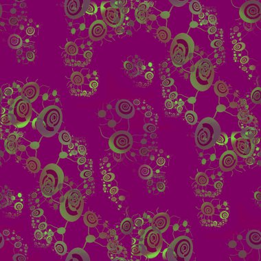 Geometrik arka plan. Karmaşık spiraller ve çevrelerinde mor zeytin yeşili ve hafif yeşil desen.