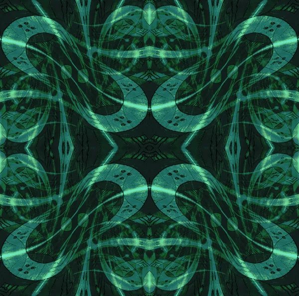 Abstract geometric background. Regular intricate ornamental pattern in turquoise and dark green shades centered.