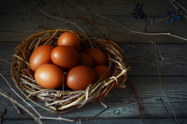 Koyu ahşap arka plan üzerinde taze tavuk yumurtası. Paskalya entourage. Sepet.