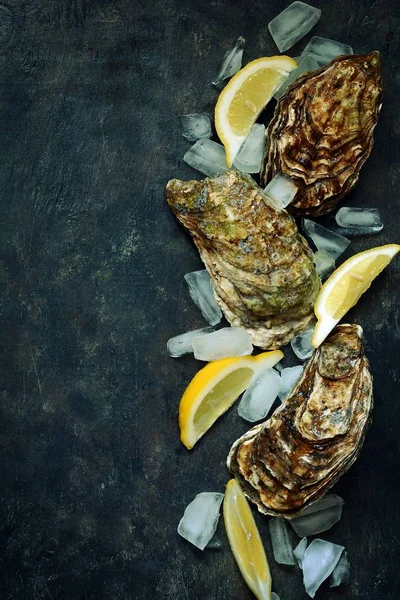 Ostras Mediterráneas Sobre Fondo Oscuro Con Rodajas Hielo Limón Delicias — Foto de Stock