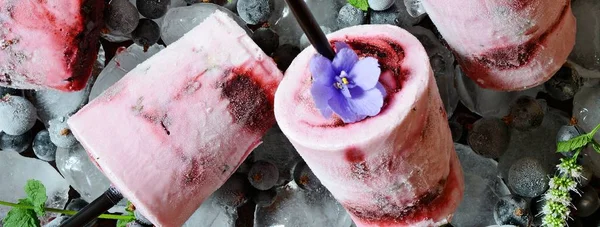 Berry ice cream on a stick with blackcurrant berries and mint leaves on pieces of ice. Delicious dessert on a stick. Homemade frozen yogurt ice cream with frozen berries