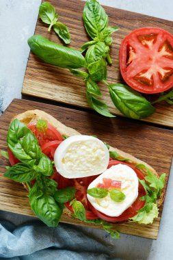 İtalyan aperatifi the Caprese Salatası ile mavi arka planda ahşap bir salata, İtalyan panini yakın görüntüsü - taze malzemelerle.