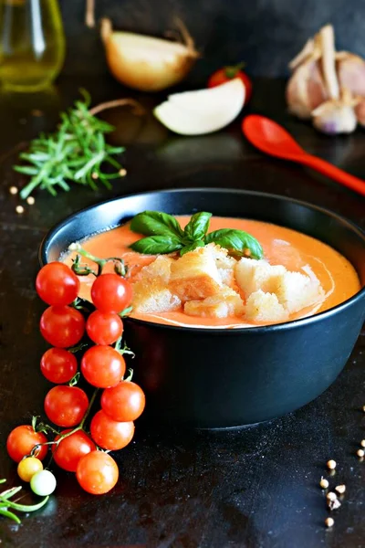 Spanische Gazpacho Tomatensuppe Mit Frischen Kräutern Gemüsesalsa Und Croutons Leckeres — Stockfoto