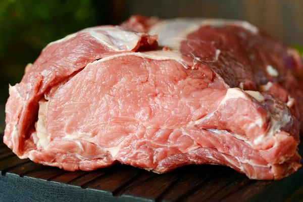 Fresh Raw Pork Loin Bone Wooden Board Herbs Spices Sea — Stock Photo, Image