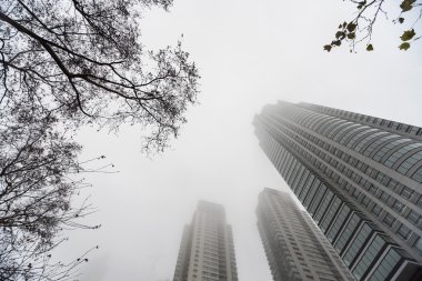 Sis siluetinin altında şehir gökdelenler