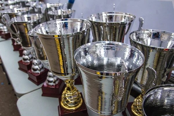 Le coppe dei trofei sono sul tavolo al Rally Masters Show — Foto Stock