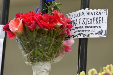 Çiçekler ve işaret bir çitin üstünde