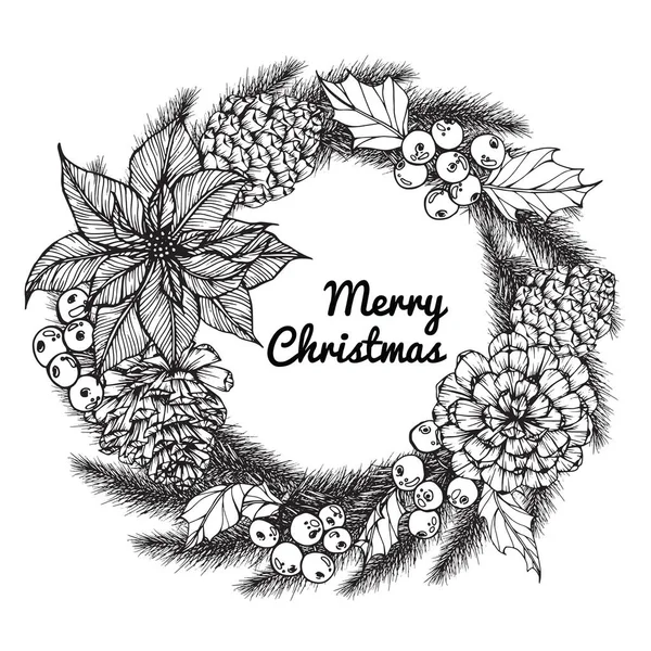 Wreath flower for Merry Christmas\'day. With line art black and white illustration.