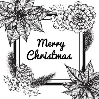 Mutlu Christmas'day için çelenk çiçek. Hat sanat siyah beyaz resim ile.