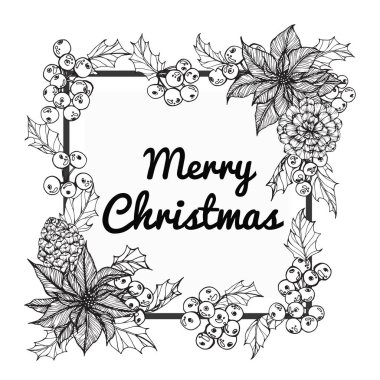 Mutlu Christmas'day için çelenk çiçek. Hat sanat siyah beyaz resim ile.