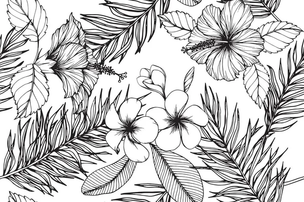 Patrón hawaiano fondo sin costuras con ilustración de dibujo de flores y hojas . — Vector de stock