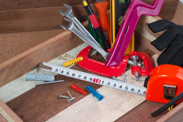 Close up working tools concepts, Carpentry construction hardware tools in the box. — Stock Photo, Image