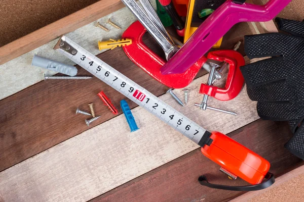 Close up working tools concepts, Carpentry construction hardware tools in the box.