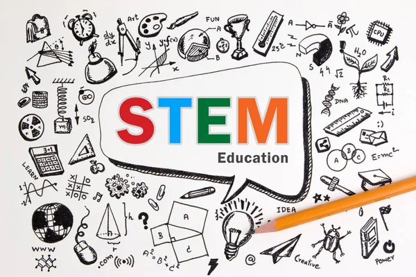 Doodle of STEM education background. STEM - ciencia, tecnología, ingeniería y matemáticas de fondo con doodle icono de la educación. Concepto de formación STEM . —  Fotos de Stock