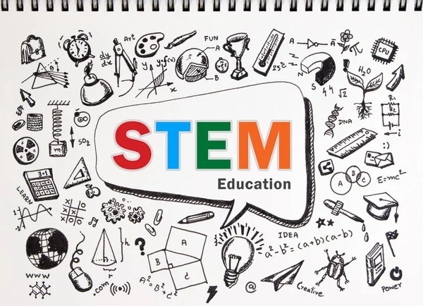 Doodle of STEM education background. STEM - ciencia, tecnología, ingeniería y matemáticas de fondo con doodle icono de la educación. Concepto de formación STEM . — Foto de Stock