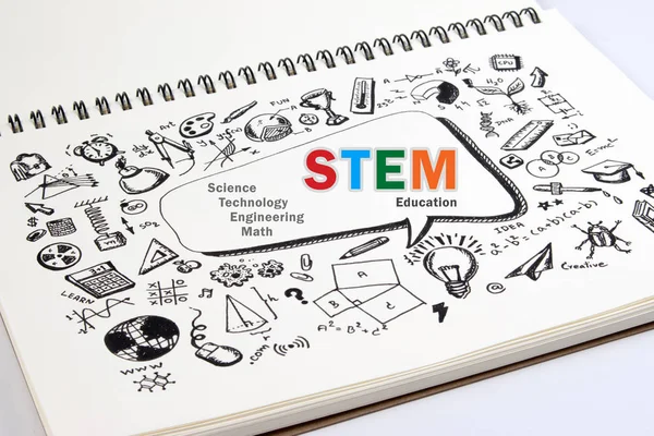 Doodle of STEM education background. STEM - ciencia, tecnología, ingeniería y matemáticas de fondo con doodle icono de la educación. Concepto de teoría STEM . —  Fotos de Stock